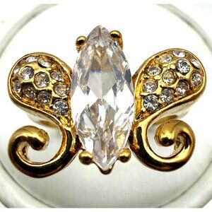 Gold Tone Fleur De Lis Ring Marquise Crystal Rhinestone Statement Ring